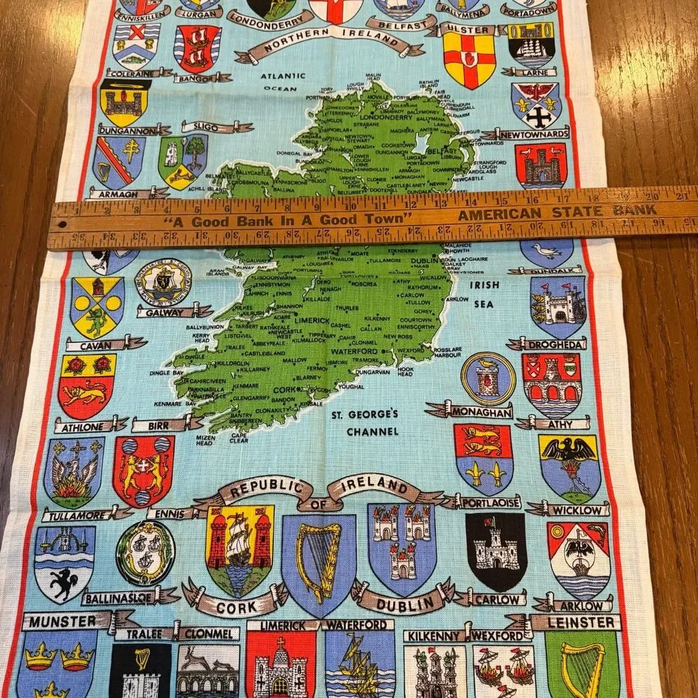Lot 2 Vintage Irish Linen Cotton Tea Towels Ireland Map Poteen Made in Ireland